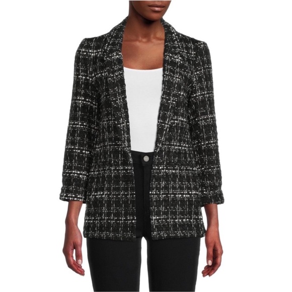 Nanette Lepore Plaid Open Front Blazer Soft Tweed Jacket Metallic Accent Large - Picture 1 of 12